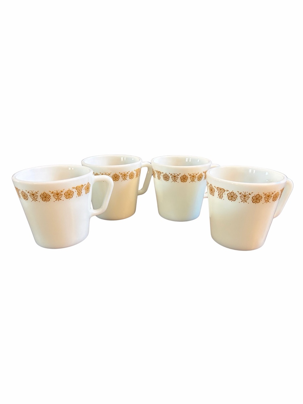 Vintage 1970’s PYREX Butterfly Gold Milk Glass Coffee Mugs Set of (4) Model 1410